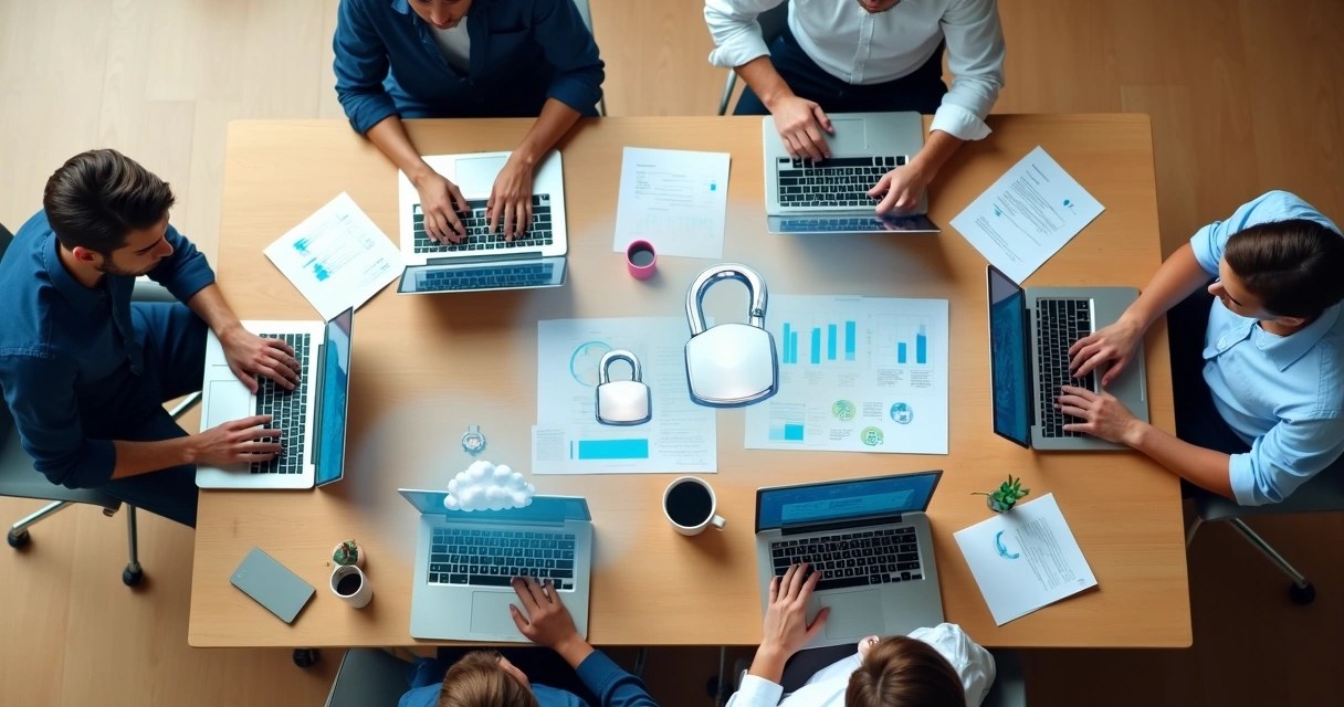 Trabalho colaborativo de equipe contábil compartilhando arquivos em nuvem 