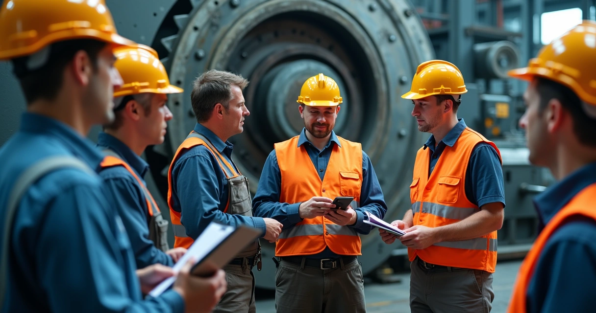 Trabalhadores diversos colaborando na segurança da máquina 
