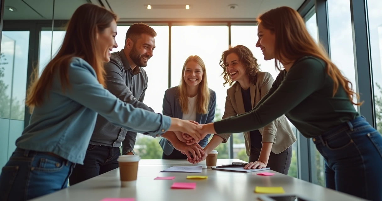 Equipe de trabalho reunida em círculo sorrindo e trocando ideias na sala de reunião