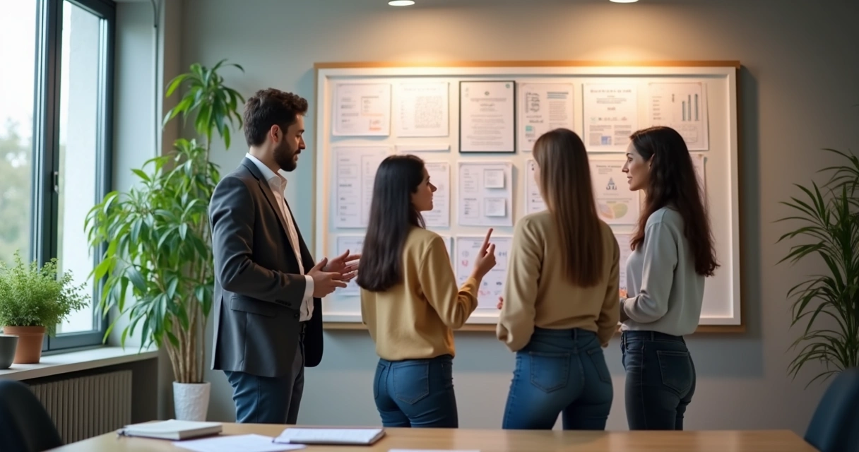 Equipe reunida observando quadro de tarefas no escritório
