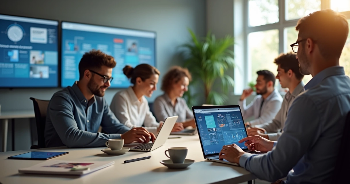 Equipe híbrida usando tecnologia para colaborar em projetos