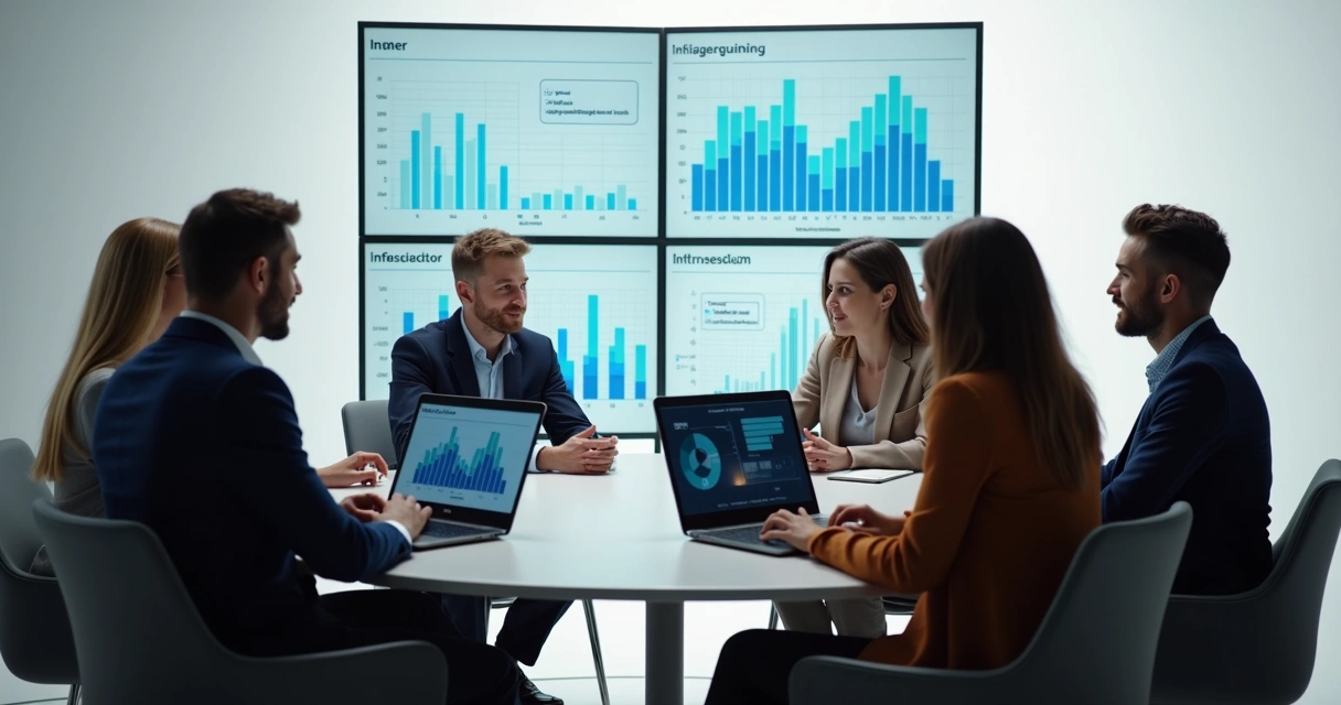 Profissionais usando notebooks em círculo, mostrando gráficos na tela