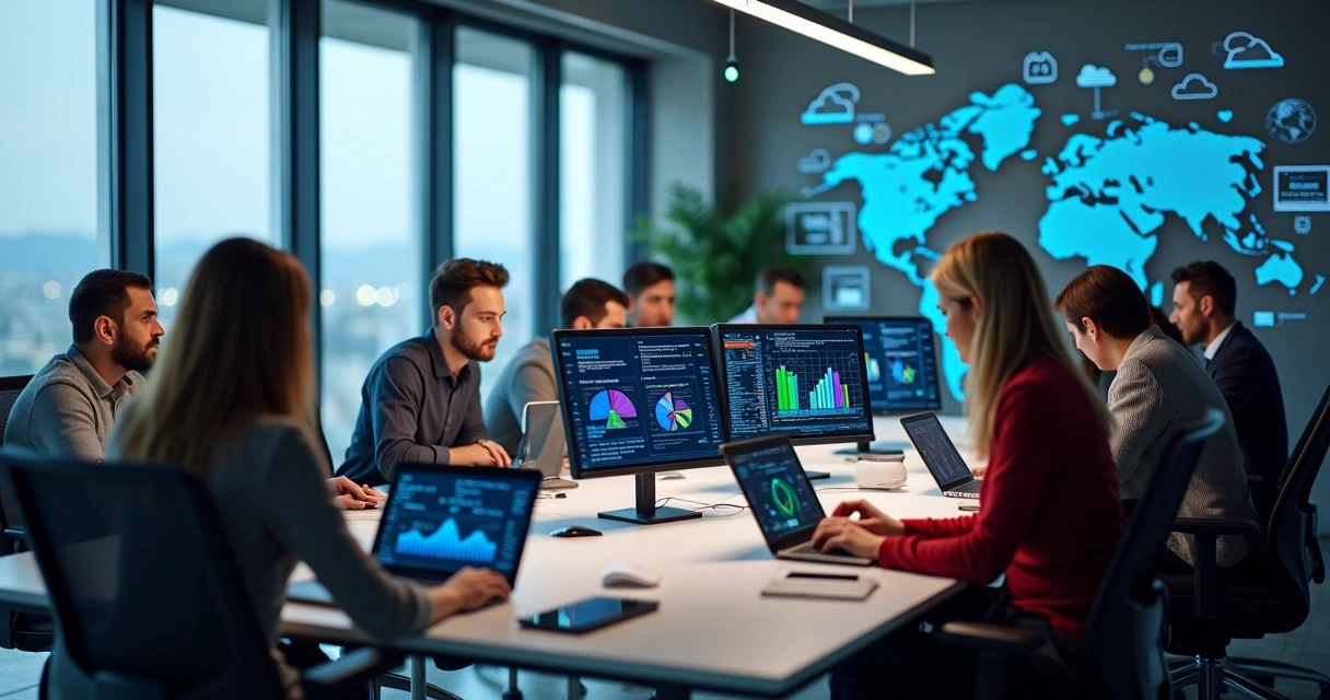 Pessoas colaborando em equipe de tecnologia com computadores e gráficos em telas 