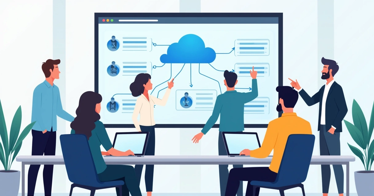 Equipe colaborando em tempo real em um diagrama cloud na tela 