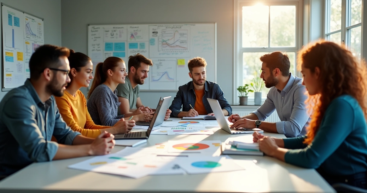 Pesquisadores e estudantes em reunião analisando gráficos e livros 
