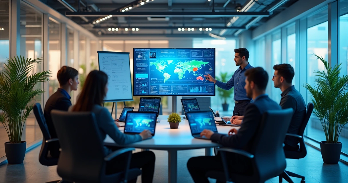 Pessoas das áreas de TI, ciência de dados e operações trabalham juntas em sala moderna