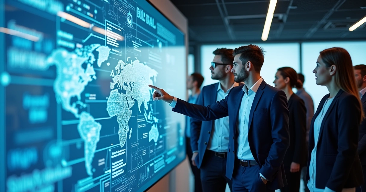 Profissionais de TI interagindo com painel digital e agentes virtuais 