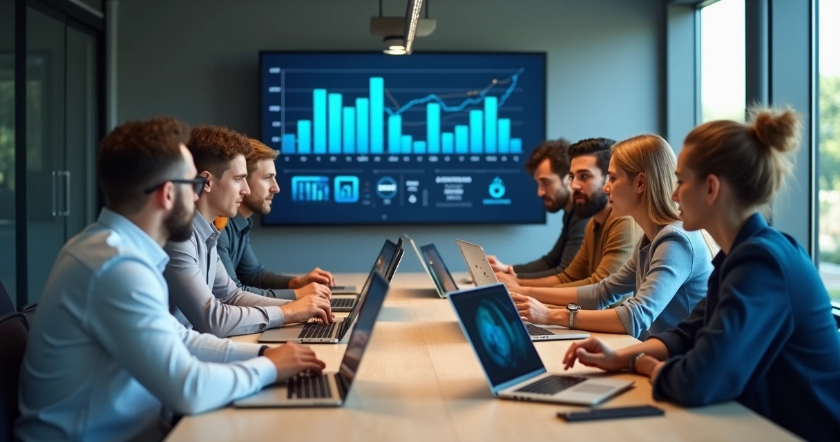 Equipe de TI e negócios em discussão olhando para laptops