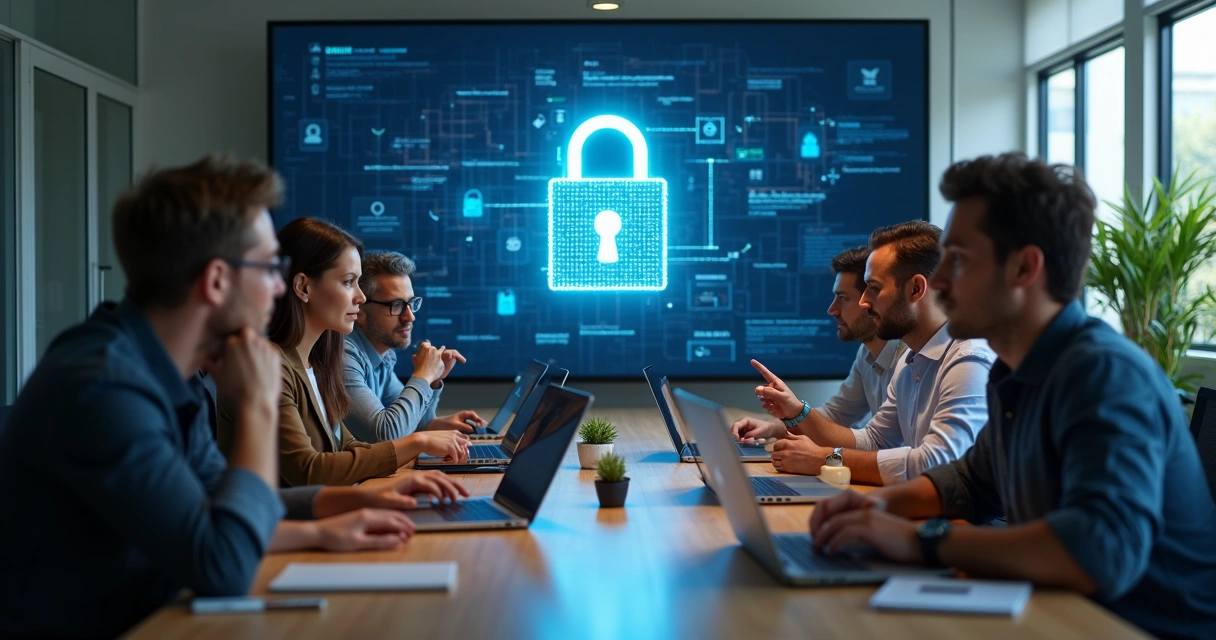 Equipe de TI colaborando em ambiente digital seguro. 