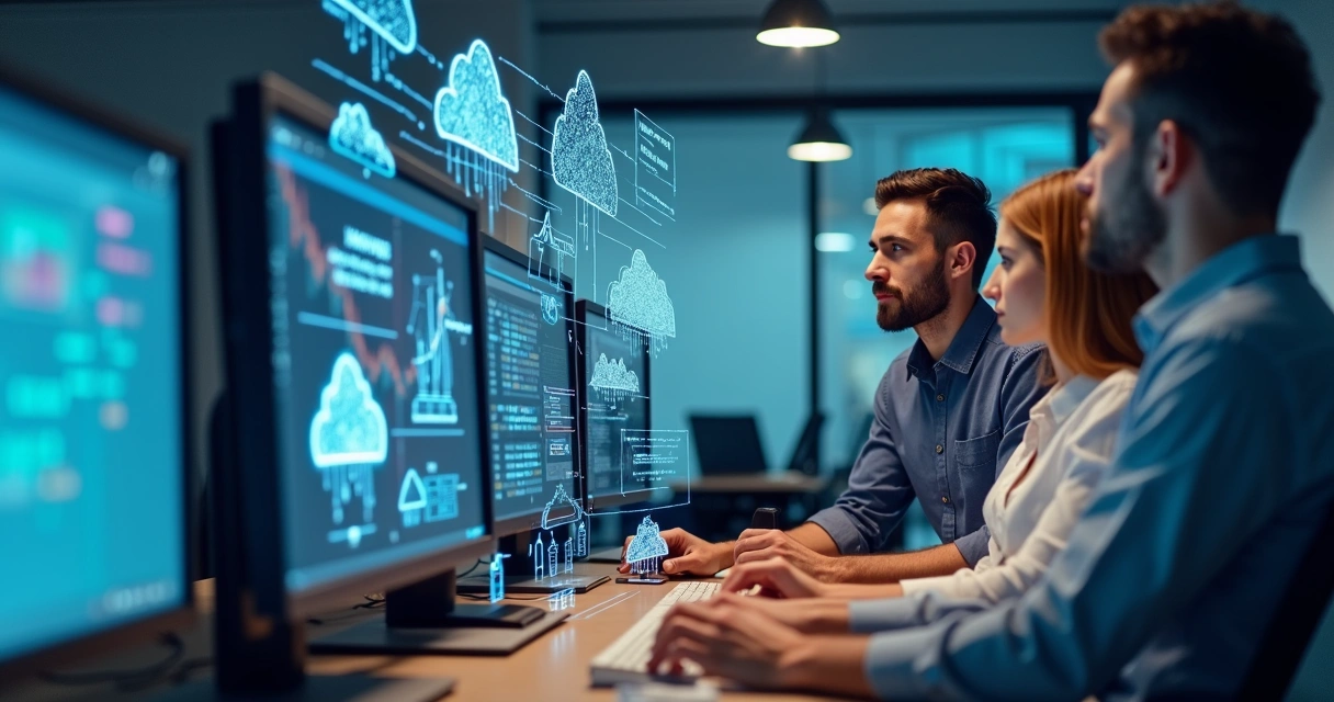 Profissionais de TI de diferentes áreas reunidos em frente a vários computadores, colaborando em um escritório moderno