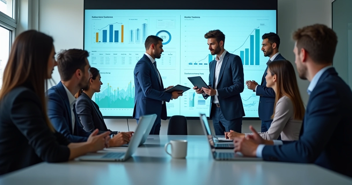 Equipe de contabilidade reunida ao redor de uma tela compartilhando documentos 