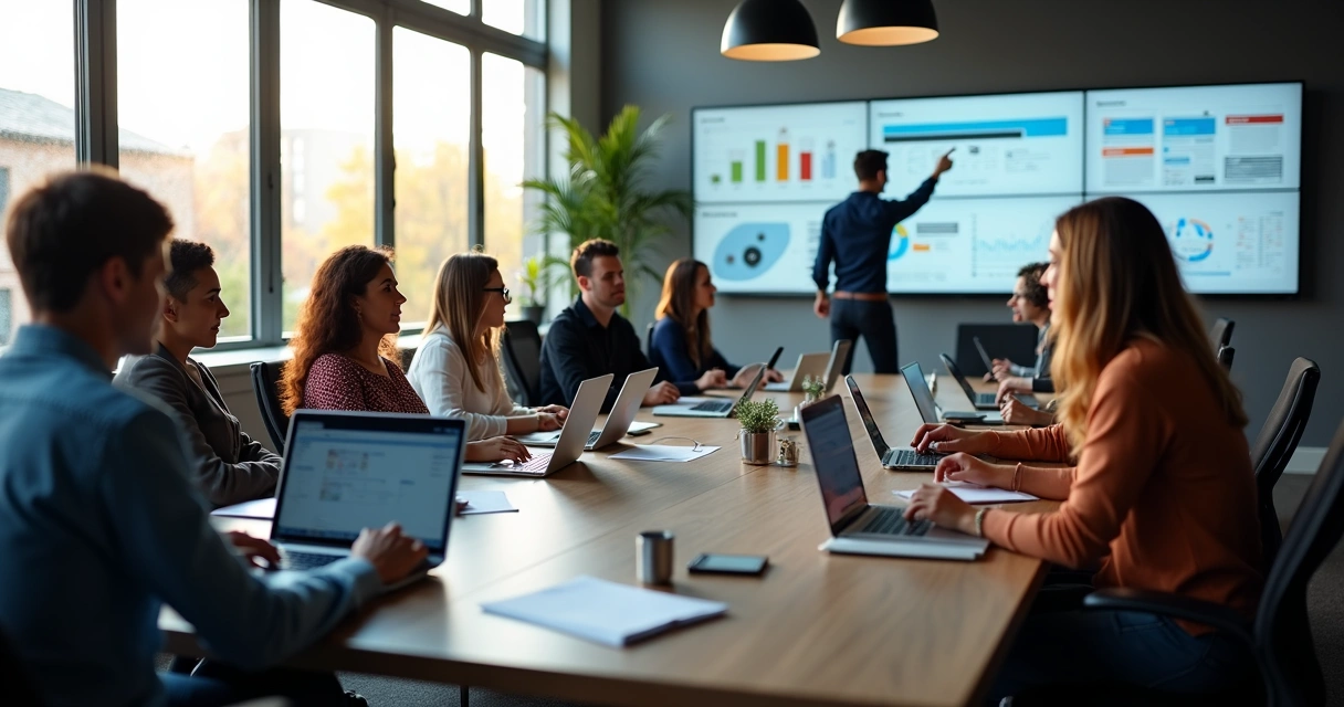 Equipe reunida utilizando computadores com Notion na tela em um escritório moderno