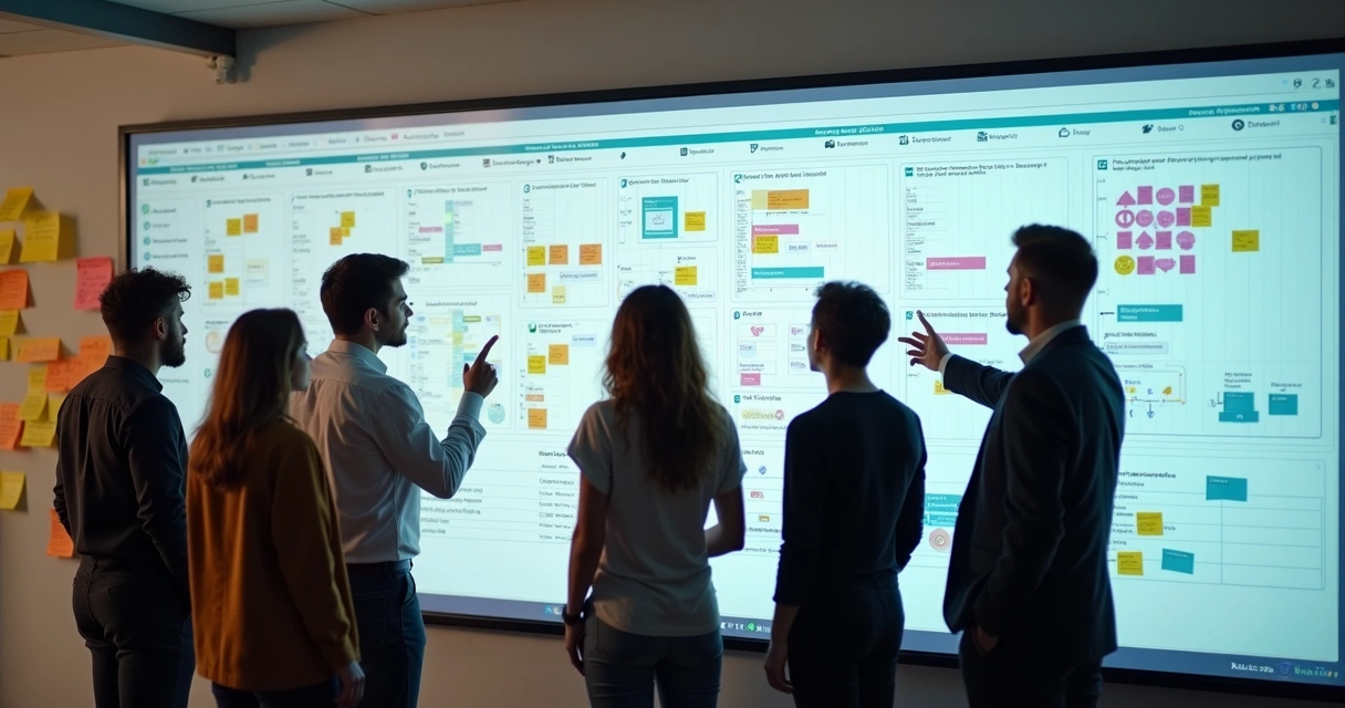 Equipe de escritório diversificada colaborando em frente ao painel de Notion digital com gráficos e fluxos de tarefas 