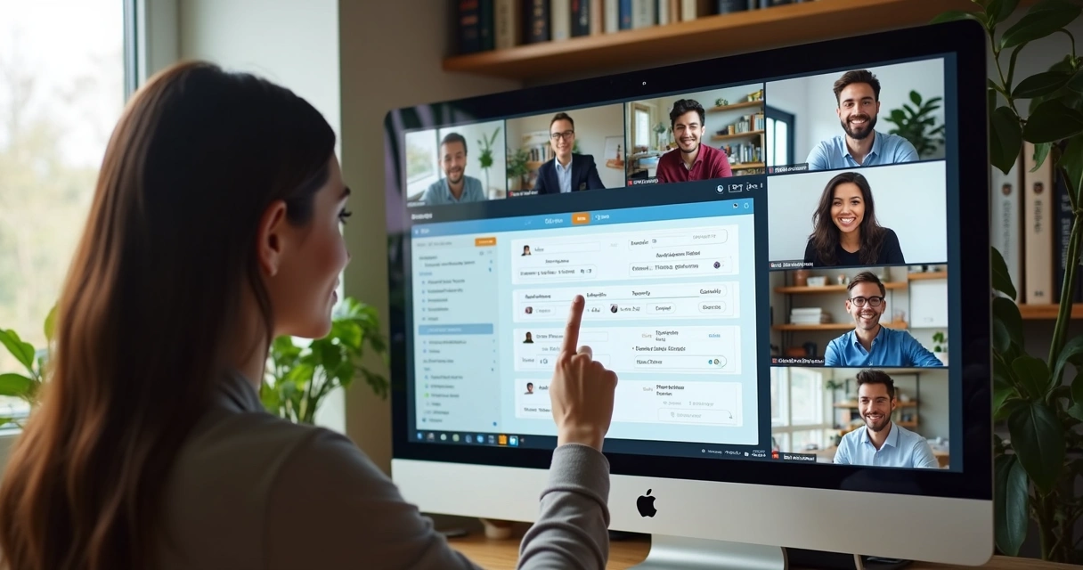 Reunião virtual com equipe remota colaborando em tela compartilhada. 