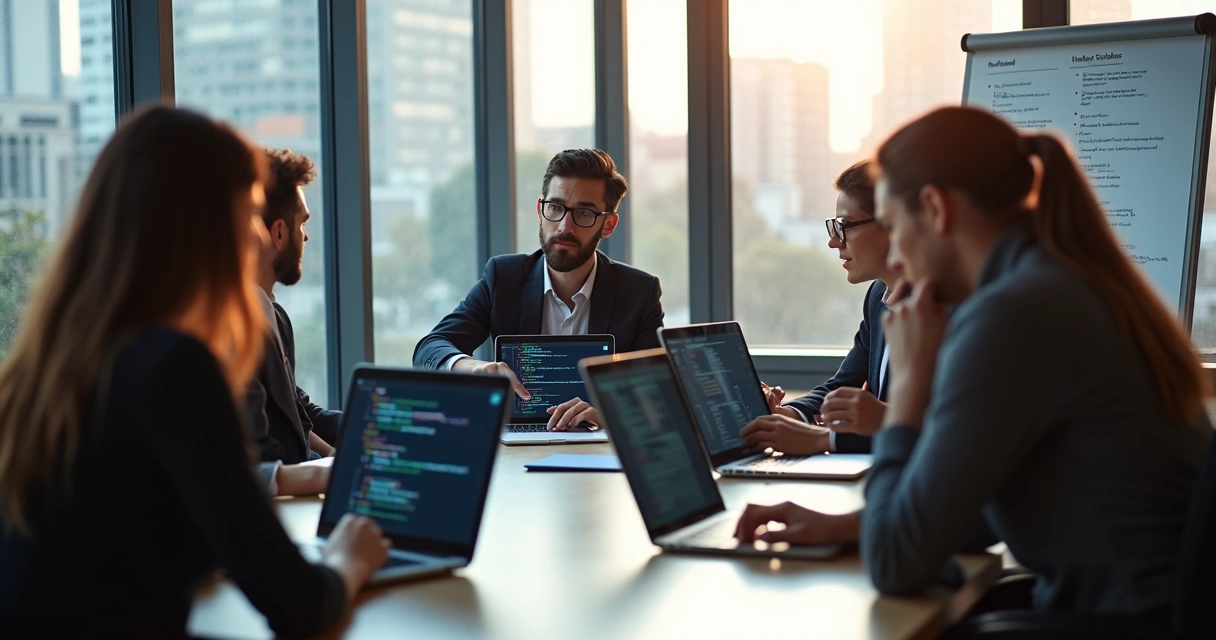 Desenvolvedores sentados à mesa analisando código em notebooks e trocando ideias 