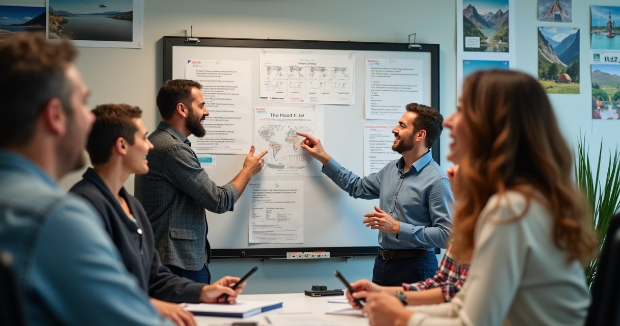 Equipe colaborando quadro SCRUM, agência de viagens 