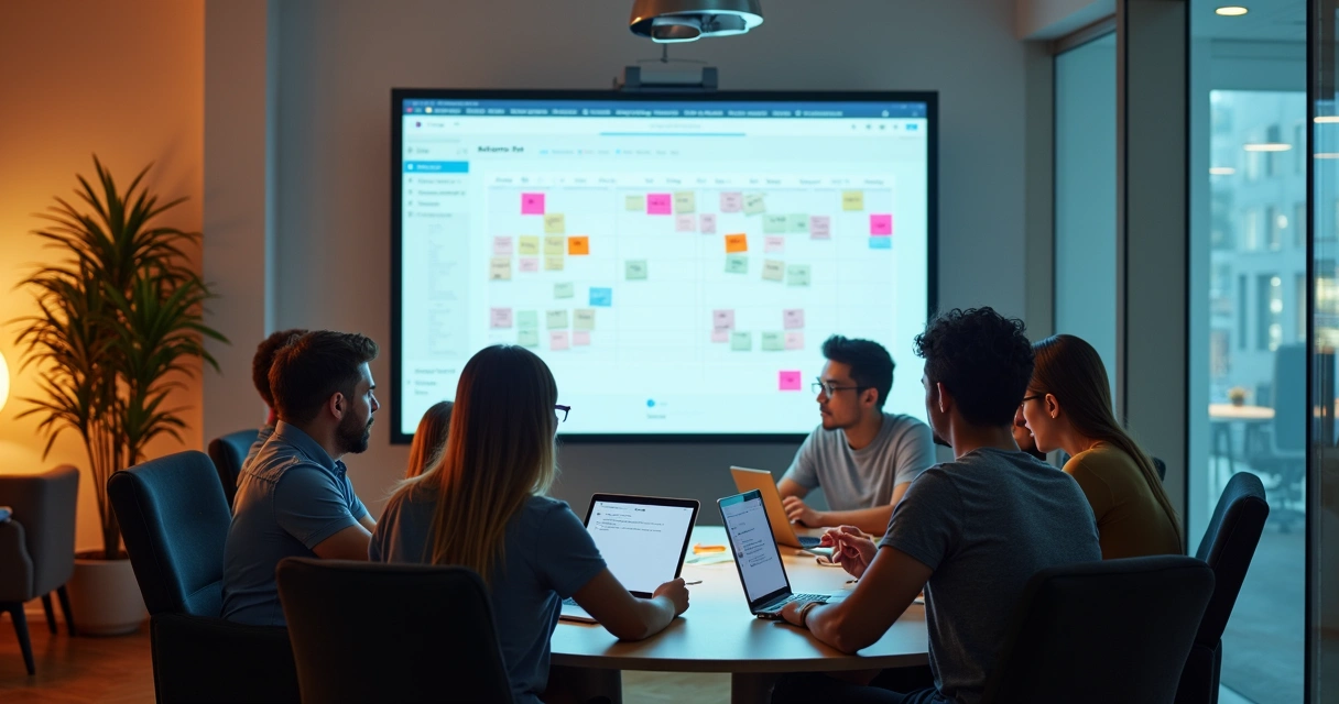 Equipe colaborando em círculo analisando quadro Kanban digital 
