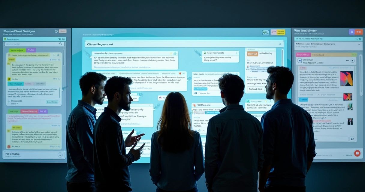 Designers, desenvolvedores e UX writers trocando ideias em frente a painel digital 