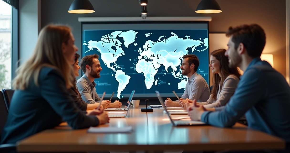 Colaboração entre pessoas de diferentes países em uma sala virtual 