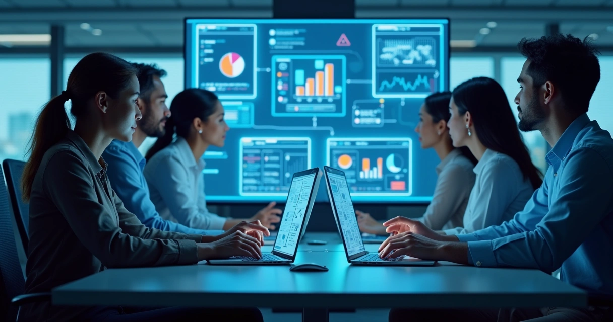 Equipe reunida em frente a telas com gráficos e mensagens colaborativas, ambiente de tecnologia colaborativa. 