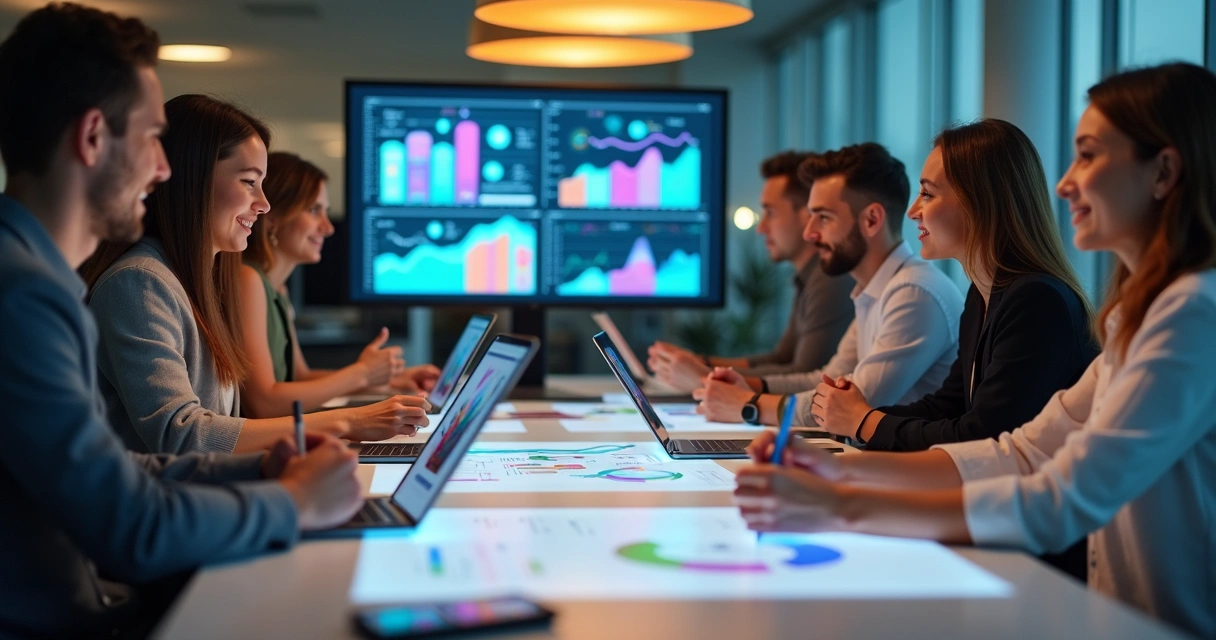 Equipe de pré-vendas e vendas reunida ao redor de uma mesa com telas de dados 