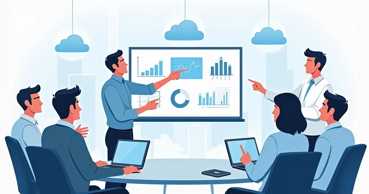 Equipe de TI colaborando em um projeto de cloud, olhando para tela com gráficos