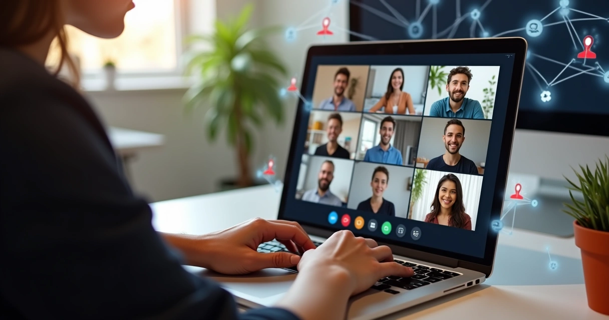 Pessoa digitando em notebook em videoconferência com equipe virtual na tela 