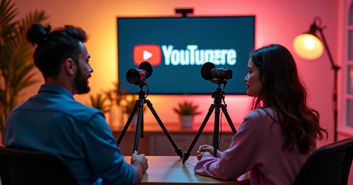 Colaboradores gravando juntos para vídeo do YouTube 