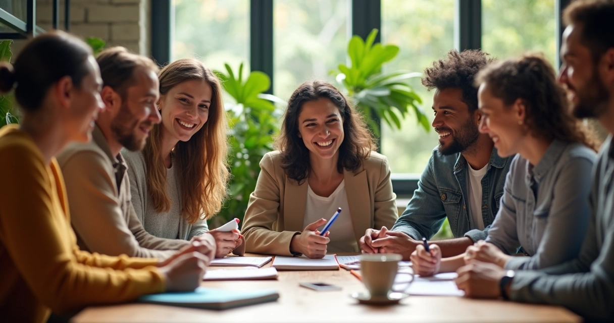 Equipo colaborando en una mesa con ambiente armónico 