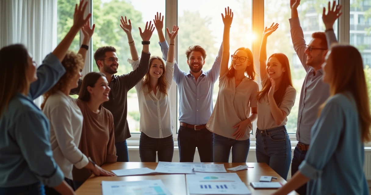 Personas celebrando el éxito del trabajo colaborativo. 