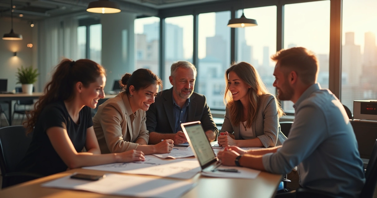 Jóvenes y adultos trabajando juntos en una oficina moderna.