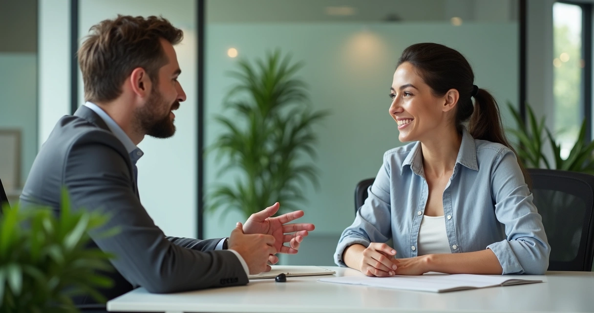 Dos colegas dialogando en una oficina moderna, con papeles y computadora entre ellos 