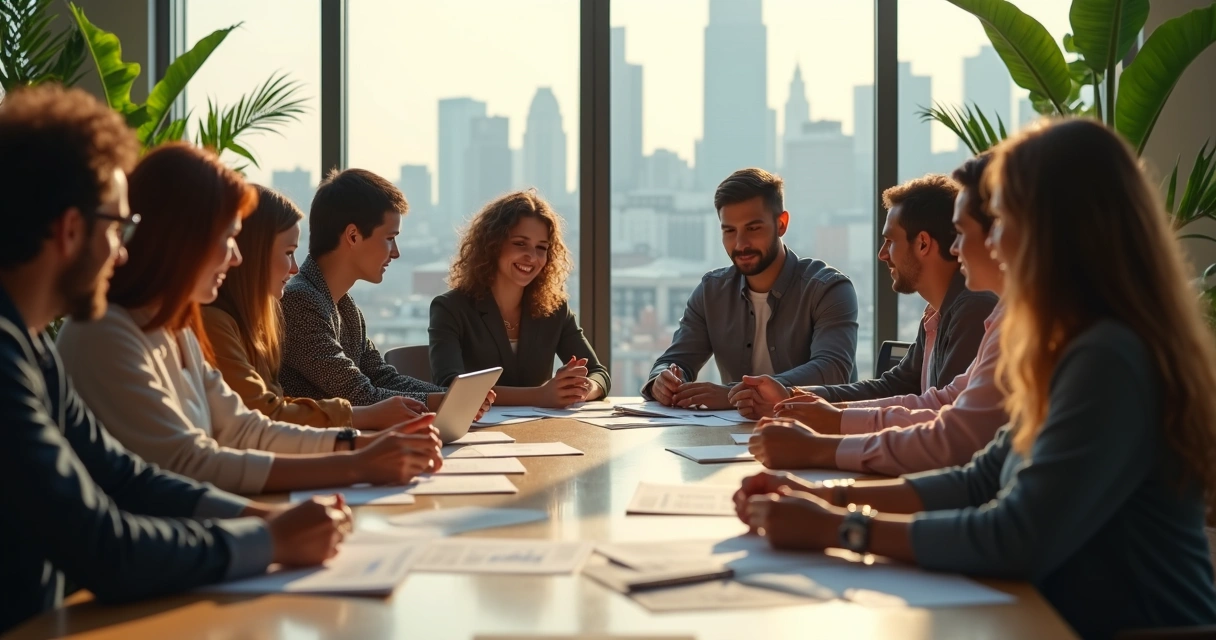 Personas diversas alrededor de una mesa compartiendo ideas y recursos 