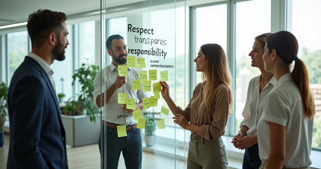 Personas colaborando frente a panel con valores del equipo 