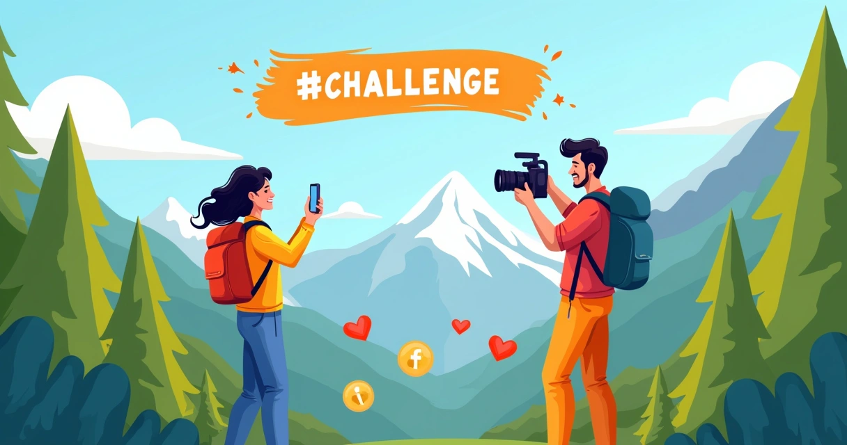 Dois influenciadores de redes sociais colaborando em um vídeo com montanhas ao fundo.