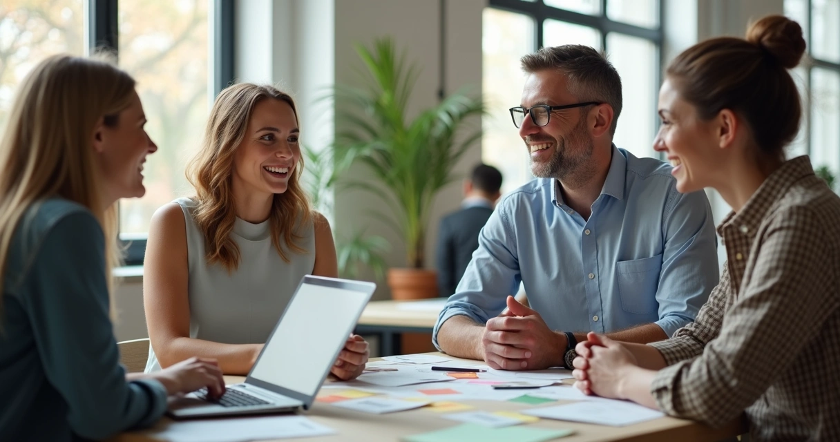 Colaborador apresenta sugestão ao gestor em mesa de reunião, ambiente descontraído, parecendo PME 