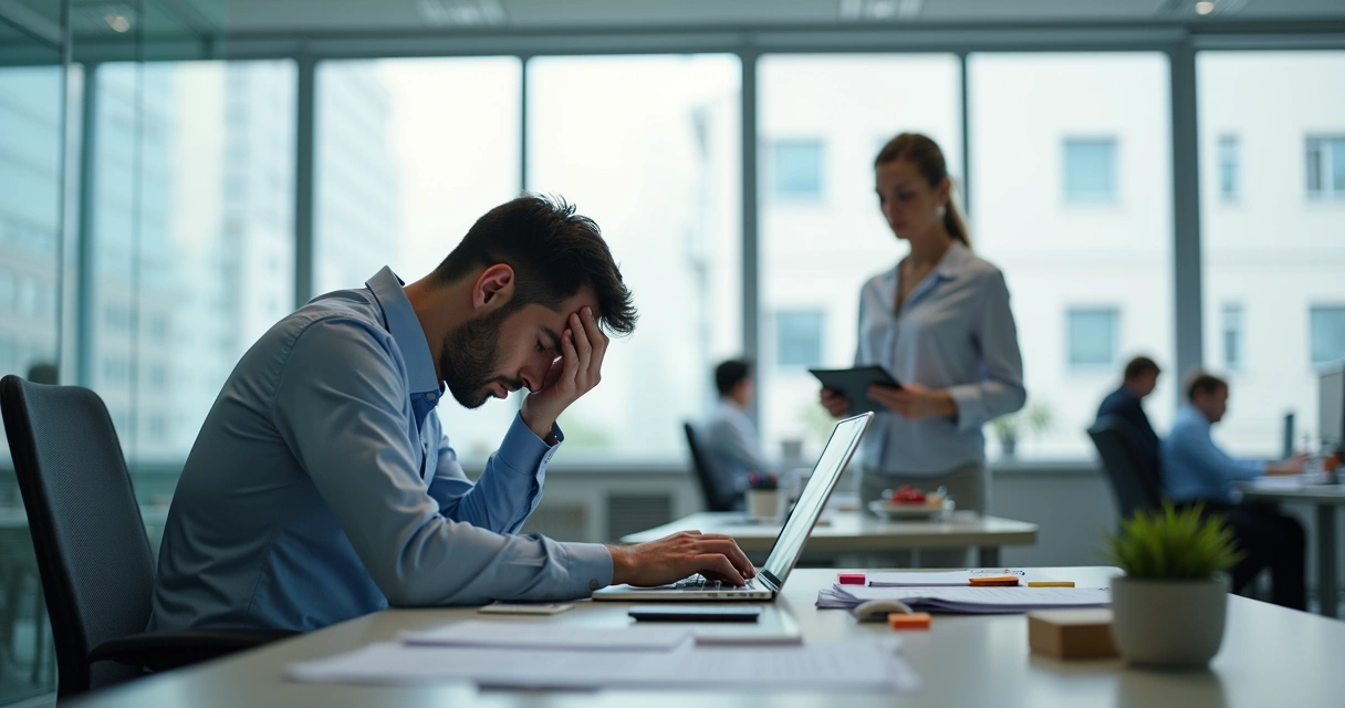 Gestor observando colaborador exausto diante do computador em escritório corporativo 