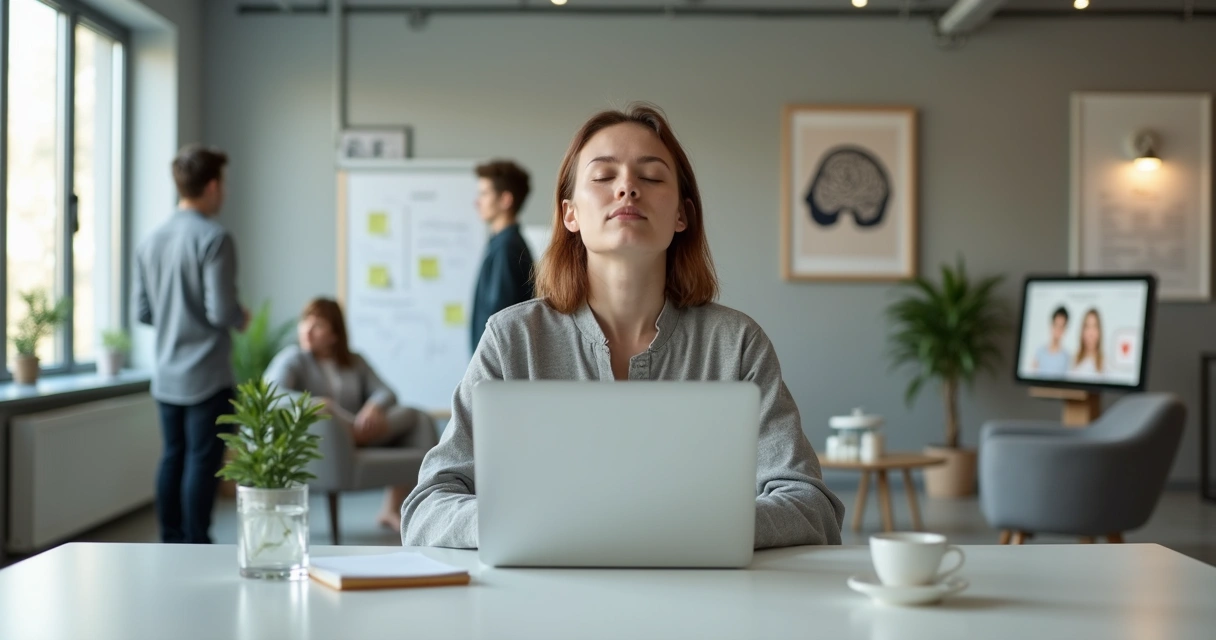 Profissional sentado em escritório calmo praticando respiração profunda durante o trabalho 