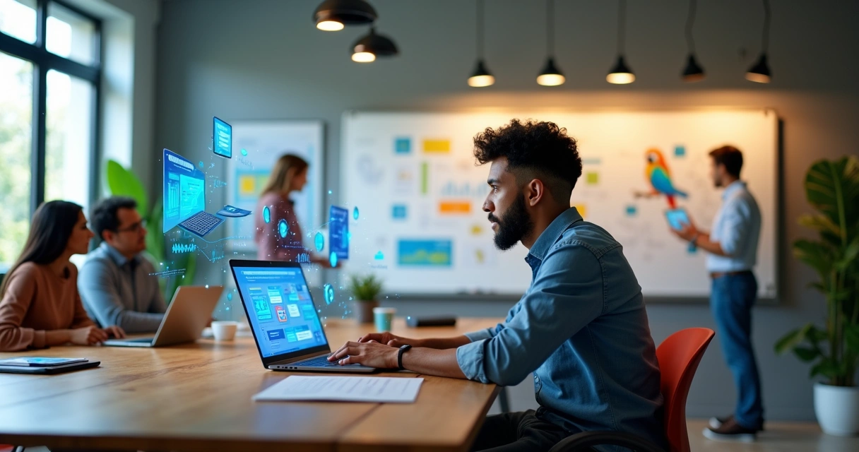 Profissional colaborador desenvolvendo app no notebook em ambiente corporativo moderno 