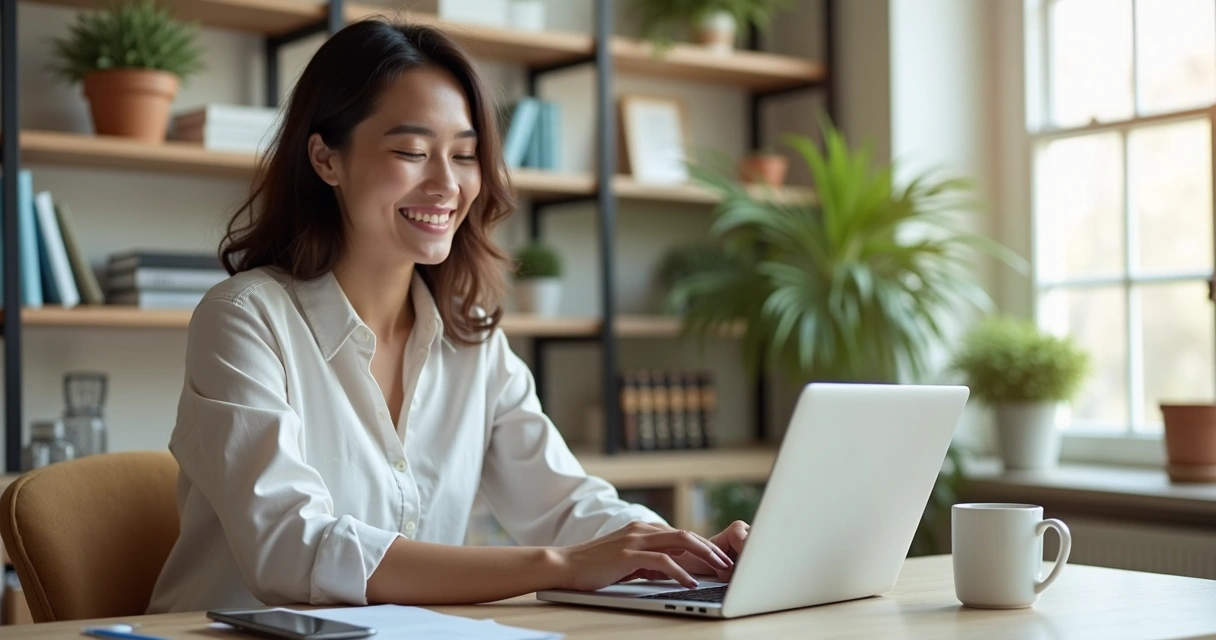 Colaboradora digitando no notebook, com expressão de satisfação, celular e caneca próximos