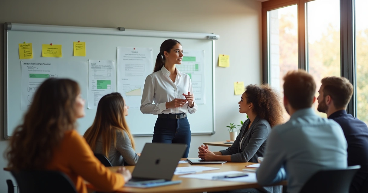 Colaborador conduzindo treinamento para grupo na empresa 