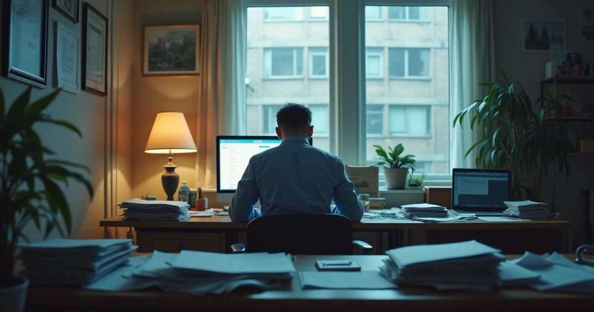 Colaborador desmotivado sentado diante de mesa de escritório com papéis espalhados.