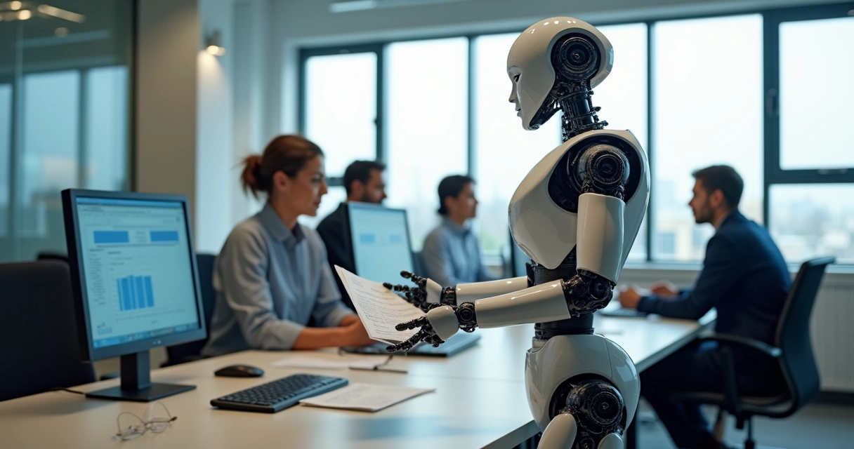 Robô digital trabalhando ao lado de equipe de contabilidade 