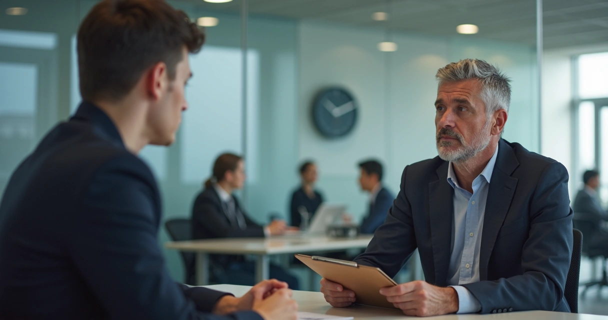 Gestor conversando com funcionário em reunião na empresa 