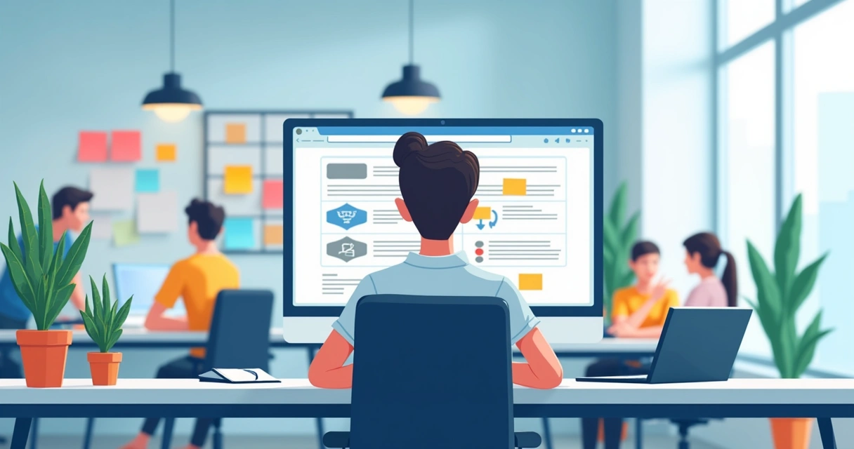 Pessoa utilizando computador com tutorial na tela, treinando em ambiente de trabalho 