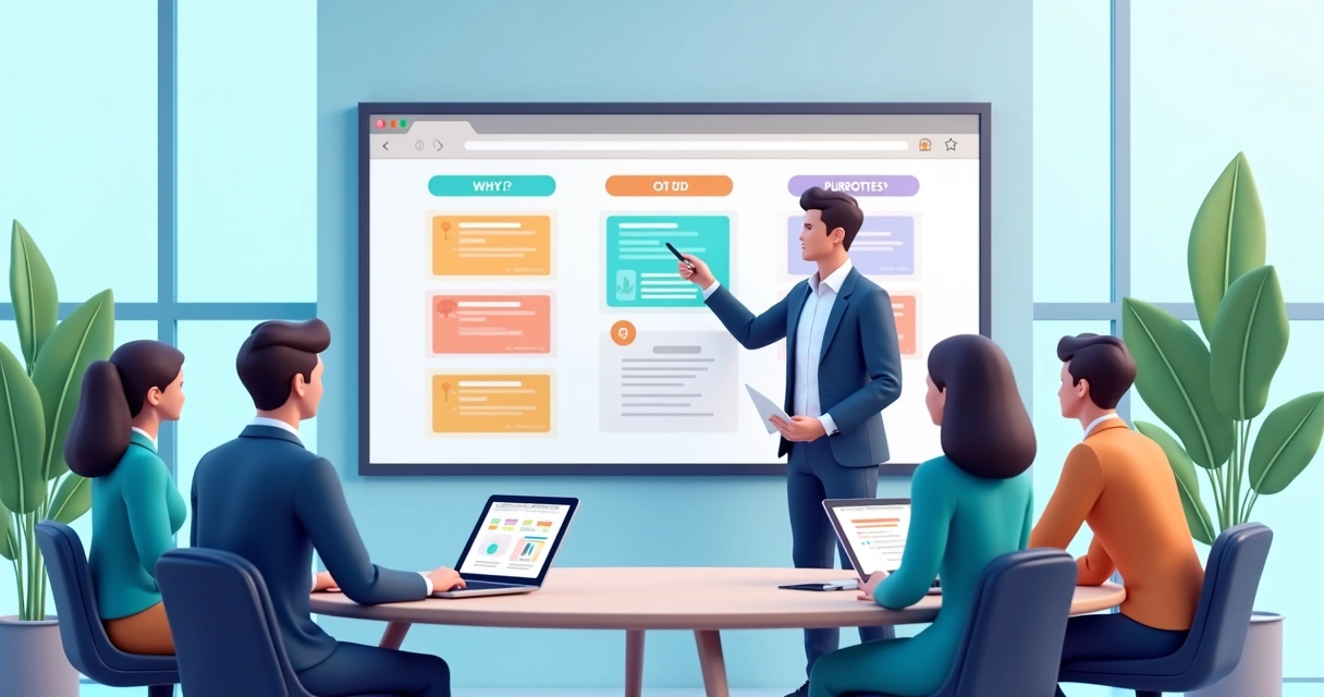 Gestor explicando tarefas em quadro digital para equipe 