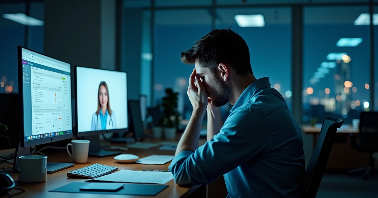 Colaborador exausto em escritório escuro olhando tela de telemedicina no notebook 