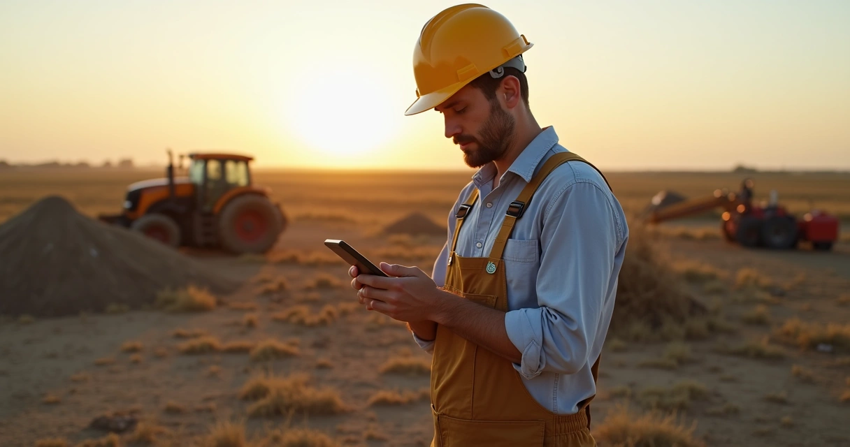 Funcionário em obra rural registrando ponto em dispositivo eletrônico portátil. 