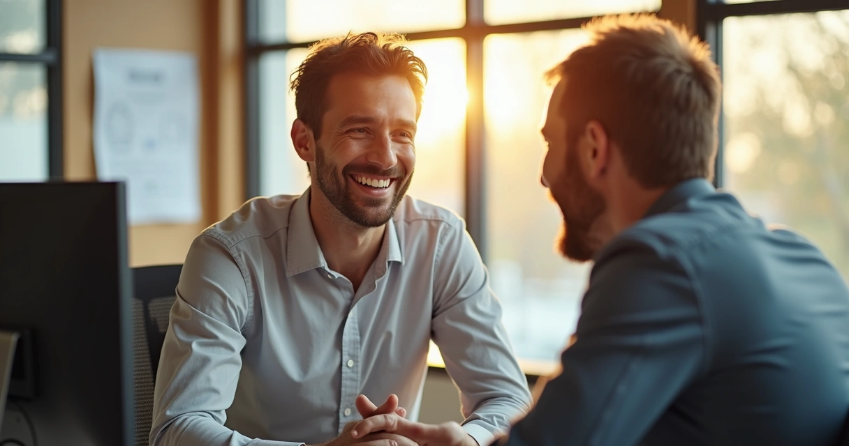 Funcionário sorrindo ao receber elogio do gestor, fundo com mesa de trabalho e computador 