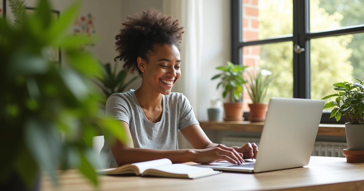 Pessoa sorrindo em home office com plantas ao fundo 